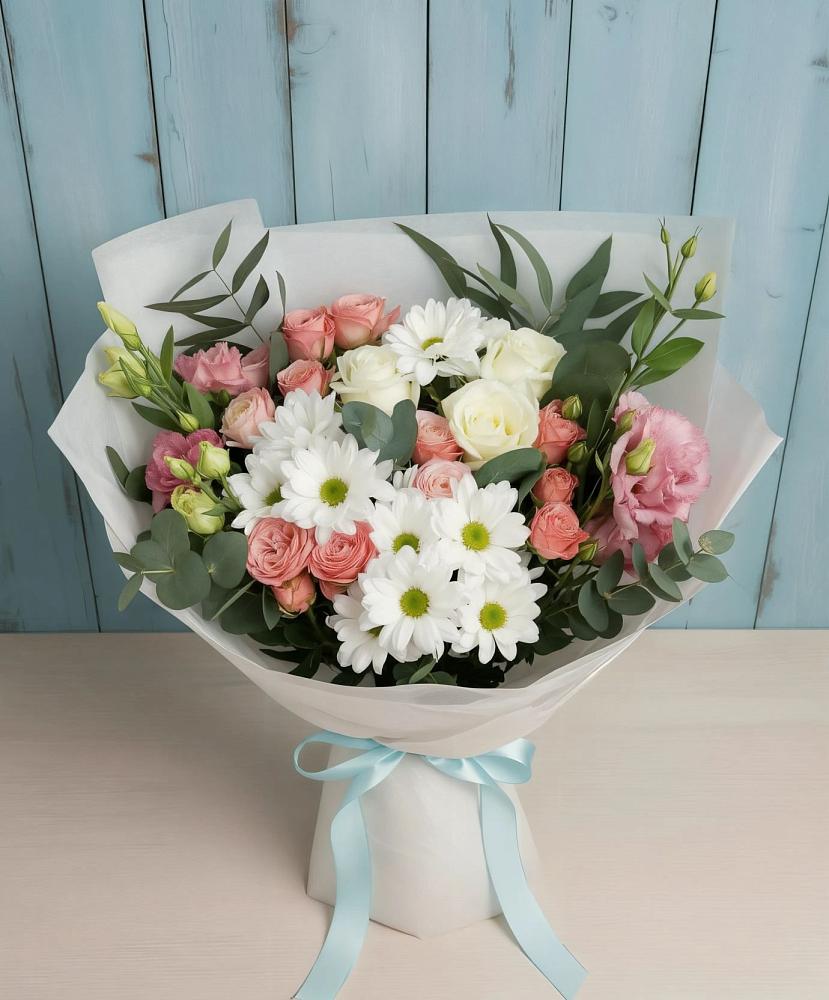 Букет цветов из: Розы, Лизиантусы и Хризантемы в Чигораке